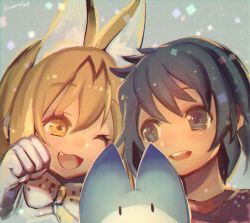Rule 34 | 10s, 2girls, ;3, ;d, animal ears, animal print, aqua background, black eyes, black hair, blonde hair, bow, bowtie, chromatic aberration, clenched hand, creature, eyelashes, fang, gloves, hair between eyes, heads together, kaban (kemono friends), kemono friends, light particles, looking at another, lucky beast (kemono friends), multicolored hair, multiple girls, narita imomushi, no headwear, one eye closed, open mouth, paw pose, raised eyebrows, red shirt, serval (kemono friends), shirt, short hair, signature, smile, t-shirt, tareme, teeth, tongue, twitter username, two-tone bow, two-tone bowtie, two-tone hair, upper body, white gloves, yellow eyes
