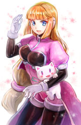 1girl android blonde_hair blue_eyes blunt_bangs blush breasts cat gloves highres holding kiwakiwa long_hair low-tied_long_hair medium_breasts mega_man_(series) mega_man_zx no_headwear open_mouth prairie_(mega_man) robot_ears simple_background sketch smile solo stuffed_animal stuffed_cat stuffed_toy white_gloves