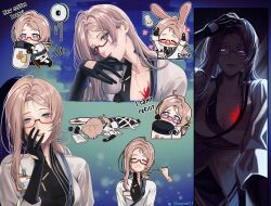 1girl adjusting_hair ah_eto..._bleh_(meme) angon623 aqua_background artist_name black_gloves black_undershirt blonde_hair blue_background blue_eyes blush chest_tattoo chibi collarbone commentary covering_own_mouth cup disembodied_hand elbow_gloves english_text faceplant feeding floating floating_object food food_on_face forehead glasses glove_cutout gloves glowing glowing_eyes hashtag-only_commentary highres holding holding_cup id_card lab_coat lying meme moore_(path_to_nowhere) multiple_views on_stomach paper parted_bangs path_to_nowhere red-framed_eyewear semi-rimless_eyewear tattoo twitter_username