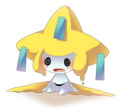 @_@ black_eyes blush commentary_request full_body gen_3_pokemon highres jirachi legendary_pokemon mythical_pokemon nintendo no_humans open_mouth pokemon pokemon_(creature) simple_background sitting solo tanzaku white_background yon_(4km_105)