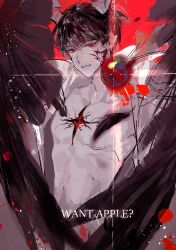 1boy abs apple black_hair black_wings blood blood_splatter blunt_bangs coat demon_horns english_text feathered_wings floating floating_object food fruit glint grin head_tilt highres hole_in_chest hole_on_body horns kim_dokja lantercat looking_at_viewer male_focus no_shirt official_alternate_costume omniscient_reader&#039;s_viewpoint pectorals red_background red_eyes scar scar_on_chest scar_on_face smile solo sparkle upper_body white_coat wings