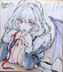 1girl alternate_costume breasts cleavage commentary_request dated enmaided grey_hair highres huge_breasts interlocked_fingers jewelry long_hair long_sleeves looking_at_viewer maid maid_headdress monety necklace open_mouth own_hands_together pendant pink_eyes pink_nails pointy_ears remilia_scarlet shikishi signature solo speech_bubble tongue tongue_out touhou traditional_media translation_request
