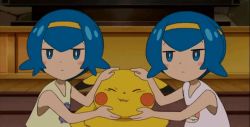 2girls animated animated_gif blue_hair child creatures_(company) electricity game_freak gen_1_pokemon lapras multiple_girls nintendo pikachu pokemon pokemon_(anime) pokemon_(creature) siblings sisters twins