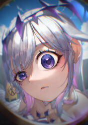 Rule 34 | 1girl, arupaoka, blue sky, closed mouth, cloud, colored inner hair, commentary, day, detached collar, fisheye, gem, grey hair, highres, hololive, hololive english, jewel under eye, koseki bijou, koseki bijou (1st costume), long hair, looking at viewer, multicolored hair, pink hair, pov peephole, purple eyes, purple gemstone, sky, solo, virtual youtuber