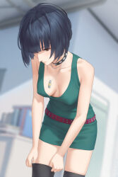 1girl adjusting_clothes adjusting_legwear belt black_hair black_thighhighs blurry blurry_background breasts cleavage collar covered_erect_nipples downblouse highres jewelry leaning_forward miura-n315 necklace no_bra persona persona_5 red_belt short_hair solo studded_collar takemi_tae thighhighs