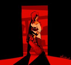 1girl blood bloody_weapon chainsaw commentary doorway english_commentary fishkisst hair_over_one_eye highres holding holding_chainsaw kyokugen_dasshutsu limited_palette long_hair kurashiki_akane purple_eyes shadow shelf solo spoilers standing v-shaped_eyes weapon zero_escape:_toki_no_dilemma