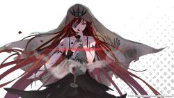 Rule 34 | 1girl, bare shoulders, black dress, black tiara, breasts, bridal veil, bride, dress, eye print, eyepatch, floating, floating hair, flower, game cg, gem, handprint, hero cantare, holding, hwa ryun, leenim, long hair, looking at viewer, official art, one eye covered, petals, red eyes, red flower, red hair, simple background, smoke, solo, strapless, strapless dress, tiara, tower of god, veil