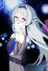 1girl belt black_belt black_dress black_hairband black_sleeves bracelet detached_sleeves diamond-shaped_earrings diamond_earrings dress earrings firefly_(honkai:_star_rail) firefly_(on_the_journey)_(honkai:_star_rail) fireworks get_sung_03 green_pupils grey_hair hair_between_eyes hair_intakes hairband highres honkai:_star_rail honkai_(series) jewelry long_hair multicolored_eyes official_alternate_costume open_mouth ring semi-rimless_eyewear sleeveless sleeveless_turtleneck smile solo sparkle star_(symbol) tinted_eyewear turtleneck turtleneck_dress two-tone_eyes waving