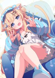 1girl absurdres animal_ear_fluff animal_ears blonde_hair bloomers blue_bow blue_eyes blush bow camisole cat_ears cat_girl cat_tail chair commission crescent crescent_hair_ornament dress fang hair_bow hair_bun hair_ornament hairclip highres jacket jewelry long_hair long_sleeves looking_at_viewer open_mouth original shiro9jira sitting skeb_commission skin_fang slippers smile solo tail underwear white_camisole white_dress x_hair_ornament