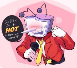 1boy adjusting_collar ant_tenna belt belt_buckle black_belt black_pants blush buckle colliholly commentary cropped_legs crt deltarune english_commentary english_text gloves highres holding holding_microphone jacket male_focus microphone necktie object_head pants pink_background pointy_nose red_jacket smile solo speech_bubble teeth upper_teeth_only white_gloves yellow_necktie