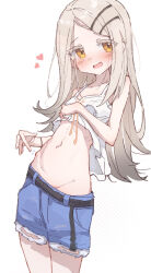 1girl blue_shorts blush commentary denim denim_shorts gakuen_idolmaster hair_ornament hairclip heart highres idolmaster long_hair nalphanne navel open_clothes shinosawa_hiro shorts simple_background solo thick_eyelashes white_background white_hair yellow_eyes