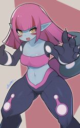 1girl absurdres blue_skin blunt_bangs breasts claws cleavage colored_skin duna_(fossil_fighters) facial_mark fossil_fighters highres long_hair looking_at_viewer medium_breasts navel open_mouth pink_hair pointy_ears ryuusui_arumo sharp_teeth solo teeth upper_teeth_only yellow_eyes