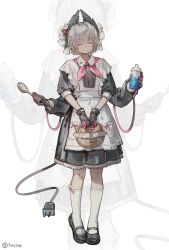 1girl ^_^ absurdres apron arknights artist_name basket bird_girl black_dress black_shoes bottle bread cable cable_tail closed_eyes commentary_request dress electric_plug electric_plug_tail extra_arms facing_viewer feather_hair food full_body gloves grey_hair grin highres holding holding_basket holding_bottle holding_ladle kneehighs ladle mary_janes mechanical_tail mido_(mido_chen) milk_bottle neckerchief pink_neckerchief raidian_(arknights) school_uniform shoes smile socks solo soviet_school_uniform tail white_apron white_socks zoom_layer