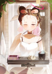 1girl absurdres ayu_(user_xkhp7843) black_eyes blue_archive brushing_teeth camisole chinese_commentary colored_inner_hair commentary_request female_pov halo highres mirror multicolored_hair one_eye_closed pink_hair pink_halo plana_(blue_archive) pov solo squeans toothbrush two-tone_hair white_camisole white_hair