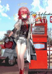 1girl arknights black_shirt bobby_socks chinese_commentary closed_mouth cloud commentary day english_commentary exusiai_(arknights) feet_out_of_frame food french_fries gas_station gloves hair_between_eyes halo headphones helmet highres jacket kfc looking_at_viewer mixed-language_commentary motorcycle_helmet open_clothes open_jacket outdoors pink_hair plumw product_placement red_hair red_socks shirt short_hair shorts smile socks solo standing traditional_halo turtleneck turtleneck_shirt unworn_headwear unworn_helmet white_gloves white_jacket white_shorts yellow_eyes yellow_halo
