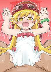 1girl aviator_cap blonde_hair double_v dress hetero loli long_hair monogatari_(series) open_mouth oshino_shinobu sex stomach_bulge takemitsu_tenta v white_dress