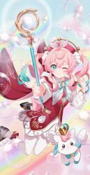 1girl absurdres aqua_bow aqua_bowtie aqua_eyes aqua_hair black_shoes blush bow bowtie bubble charm_(object) closed_mouth commentary curly_hair day dress gradient_bow gradient_hair hat highres holding holding_staff honkai:_star_rail honkai_(series) hyacine_(honkai:_star_rail) inana little_ica_(honkai:_star_rail) long_hair long_sleeves looking_at_viewer multicolored_hair one_eye_closed pantyhose pegasus pink_bow pink_hair rainbow red_bow red_dress red_hat shoes smile staff twintails white_pantyhose winged_hat