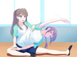 Rule 34 | 2girls, aqua sleeves, assisted stretching, black socks, blue shorts, breasts, brown hair, check commentary, commentary request, fujishima megumi, full body, green eyes, gym shirt, gym shorts, hair intakes, hasu no sora gym uniform, indoors, link! like! love live!, long hair, looking at another, love live!, low ponytail, medium breasts, multiple girls, nekopan (neko-blr), no-show socks, no shoes, official alternate hairstyle, otomune kozue, outstretched arm, ponytail, purple eyes, purple hair, shirt, short sleeves, shorts, socks, stretching, two side up, virtual youtuber, white shirt, window