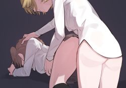 1futa 1girl aijou_karen all_fours ass black_socks blonde_hair bottomless brown_hair daiba_nana futa_with_female futanari goe_(g-o-e) green_eyes grey_background grey_skirt hand_on_another&#039;s_head highres implied_futanari kneehighs long_sleeves looking_at_another miniskirt parted_lips school_uniform seishou_music_academy_uniform shadow shirt short_hair shoujo_kageki_revue_starlight simple_background skirt socks white_shirt