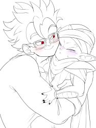 2boys aged_down anger_vein blush closed_eyes closed_mouth dragon_ball glasses happy hug looking_at_another male_focus multiple_boys niusesabe piccolo red_eyes ringed_eyes shirt short_hair smile son_gohan yaoi