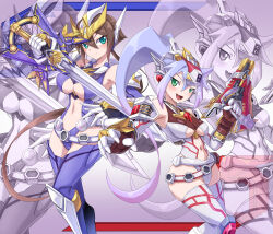 absurdres aile_(mega_man_zx) ashe_(mega_man) bare_shoulders blue_hair blue_leotard breasts brown_hair cosplay cowboy_shot gekiryuken gouryugun gradient_background green_eyes grey_background gun headgear high_ponytail highres holding holding_gun holding_sword holding_weapon large_breasts leotard madan_juushi_ryugano madan_juushi_ryugano_(cosplay) madan_kenshi_ryukendo madan_kenshi_ryukendo_(cosplay) madan_senki_ryukendo medium_breasts mega_man_(series) mega_man_zx mega_man_zx_advent ponytail simple_background sword weapon white_leotard zerokun135 zoom_layer