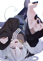 1girl absurdres animal_ear_piercing animal_ears black_jacket black_nails black_pantyhose black_shirt blurry blurry_foreground boots breasts cleavage depth_of_field double-parted_bangs edge_ill fang feet_out_of_frame foreshortening fur-trimmed_jacket fur_trim grey_eyes grey_hair grey_skirt hair_between_eyes hashtag-only_commentary highres hololive jacket jewelry large_breasts lion_ears lion_girl lion_tail long_hair long_sidelocks looking_at_viewer lying miniskirt nail_polish necklace on_back open_mouth pantyhose reaching reaching_towards_viewer see-through_cleavage see-through_clothes shirt shishiro_botan shishiro_botan_(1st_costume) sidelocks simple_background single_leg_pantyhose skirt solo tail thigh_strap torn_clothes torn_pantyhose upside-down virtual_youtuber white_boots