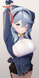 1girl akinoji_(akiponpon27) ako_(blue_archive) bell black_hairband black_skirt blue_archive blue_eyes blue_gloves blue_hair blue_jacket blush breasts buttons commentary_request double-breasted ear_piercing framed_breasts gloves gradient_background hair_between_eyes hairband highres jacket large_breasts looking_at_viewer medium_hair neck_bell one_eye_closed piercing shirt sideboob sideless_shirt skirt solo white_shirt