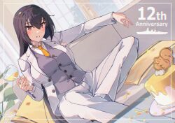 1girl anniversary black_hair collared_shirt cup formal_clothes grey_vest hair_between_eyes highres himeyamato holding holding_cup jacket kantai_collection long_hair long_sleeves looking_at_viewer nagato_(anniversary)_(kancolle) nagato_(kancolle) necktie official_alternate_costume orange_necktie pants red_eyes shirt sitting solo suit suit_jacket very_long_hair vest white_jacket white_pants white_shirt white_suit