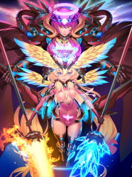 2girls asymmetrical_dual_wielding bandages blonde_hair blue_eyes breasts dual_wielding energy_blade fire halo head_wings highres horns ice long_hair lucknight mecha_musume multiple_girls nipples original pink_hair thighhighs wings yellow_eyes