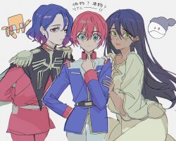 1boy 2girls acetylene-lamp amate_yuzuriha amuro_ray amuro_ray_(cosplay) aqua_eyes blue_hair blue_jacket blush char_aznable char_aznable_(cosplay) cosplay cowboy_shot dress epaulettes gradient_hair gundam gundam_gquuuuuux haro high_collar highres jacket lalah_sune lalah_sune_(cosplay) long_hair long_sleeves looking_at_viewer military_jacket military_uniform mobile_suit_gundam multicolored_hair multiple_girls non-humanoid_robot nyaan_(gundam_gquuuuuux) one_eye_closed purple_hair red_eyes red_hair red_jacket robot short_hair shuji_ito smile yellow_dress yellow_eyes