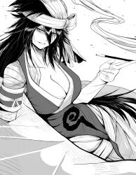 Rule 34 | 1girl, absurdres, amputee, bandaged arm, bandaged head, bandages, black hair, bleach, breasts, cleavage, collarbone, cowboy shot, double-parted bangs, eyebrows hidden by hair, greyscale, grin, hair between eyes, hand up, highres, holding, holding smoking pipe, japanese clothes, jesse schickler, large breasts, long hair, looking at viewer, mature female, monochrome, shaded face, shiba kuukaku, simple background, smile, smoke, smoking pipe, solo, spiked hair, tsurime, v-shaped eyebrows, very long hair, white background