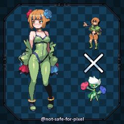 1girl alternate_costume arms_at_sides bare_shoulders black_headband blue_background blue_flower blue_rose blush bodysuit breasts checkered_background collarbone cosplay detached_sleeves female_focus flower full_body gardenia_(pokemon) gen_4_pokemon green_bodysuit green_sleeves hair_flower hair_ornament headband jewelry legs looking_afar matching_hair/eyes medium_breasts neck_ring nintendo nose_blush notsafeforpixel official_art_inset orange_eyes orange_hair pixel_art pokemon pokemon_dppt red_flower red_rose rose roserade roserade_(cosplay) shiny_clothes short_hair sidelocks sleeveless sleeveless_bodysuit solo spaghetti_strap standing