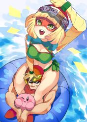 1boy 1girl arm_up arms_(game) beanie blonde_hair blush_stickers breasts captain_falcon cleavage closed_mouth commentary_request domino_mask f-zero girl_on_top green_eyes hand_on_another&#039;s_head hat head_between_legs helmet highres innertube katwo kirby kirby_(series) legs mask min_min_(arms) muscular navel nintendo open_mouth red_headwear sitting smile super_smash_bros. swim_ring swimsuit teeth thighs tongue upper_teeth_only visor water white_eyes