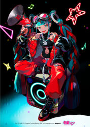 1girl 39 aqua_eyes aqua_hair bare_shoulders beamed_eighth_notes belt black_background black_boots black_jacket black_shirt blunt_bangs boots cable chain chain_necklace clothes_writing clothing_cutout commentary detached_hair down_jacket eighth_note goggles goggles_on_head hatsune_miku hip_vent holding holding_megaphone jacket jewelry lace-up_boots lam_(ramdayo) looking_at_viewer magical_mirai_(vocaloid) magical_mirai_miku magical_mirai_miku_(2023) megaphone musical_note navel_cutout necklace neon_lights official_art open_mouth pants red_nails red_pants ring_hair_ornament ringed_eyes second-party_source shirt sitting sitting_on_object sleeveless sleeveless_shirt smile solo speaker star_(symbol) triangle vocaloid
