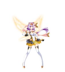 Rule 34 | 1girl, ;), animal ears, azarin (kouyoku senki exs-tia), bare shoulders, black gloves, boots, breasts, cleavage, cleavage cutout, clenched hand, clothing cutout, covered navel, detached sleeves, detached wings, elbow gloves, electricity, energy wings, exs-tia magica, fake animal ears, full body, game cg, gloves, hair intakes, highres, inoino, kouyoku senki exs-tia, large breasts, large variant set, layered skirt, legs apart, long hair, looking at viewer, magical girl, medium breasts, non-web source, official art, one eye closed, pigeon-toed, pleated skirt, purple hair, scarf, skirt, smile, solo, standing, tachi-e, thigh boots, thighhighs, transparent background, variant set, white thighhighs, wings, yellow eyes, yellow skirt, yellow trim, zettai ryouiki