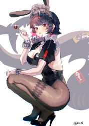 1girl adapted_costume animal_ears black_hair black_leotard breasts candy cleavage collar colored_inner_hair detached_sleeves ellen_joe fins fish_tail food from_side full_body high_heels highres holding holding_candy holding_food holding_lollipop large_breasts leotard lollipop looking_at_viewer medium_hair multicolored_hair rabbit_ears red_eyes red_hair serina_(skipadd) shark_girl shark_tail solo spiked_collar spikes squatting tail thick_thighs thighs very_long_tail white_background zenless_zone_zero