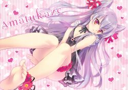 10s 1girl absurdres amatsukaze_(kancolle) ankle_garter babydoll bad_id bad_yandere_id barefoot black_ribbon blush bow breasts carnelian character_name choker cleavage dutch_angle feet female_focus flower frilled_thigh_strap hair_bow hair_ribbon heart highres kantai_collection long_hair looking_at_viewer ribbon ribbon_choker silver_hair small_breasts soles solo striped_background striped_ribbon thigh_strap toes two_side_up vertical_stripes very_long_hair yellow_eyes