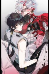 2boys ahoge back bare_shoulders bimyeong_0720 black_border black_gloves black_hair black_pants blush bodysuit border closed_mouth coat ear_piercing earrings from_behind gloves gold_earrings gradient_background grey_background grey_eyes grey_hair hair_between_eyes hand_on_another&#039;s_chest hand_on_own_face hand_up heterochromia highres jewelry long_hair long_sleeves looking_at_another looking_at_viewer looking_back low_ponytail male_focus male_rover_(wuthering_waves) multicolored_hair multiple_boys open_mouth orange_eyes pants piercing ponytail red_coat red_eyes red_hair rover_(wuthering_waves) scar scar_(wuthering_waves) scar_across_eye scar_on_face short_hair simple_background sitting smile sweatdrop sword_earrings tank_top thigh_strap two-tone_hair v-shaped_eyebrows white_background white_bodysuit white_tank_top wuthering_waves yaoi