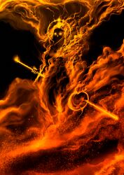 Rule 34 | balrog (lord of the rings), fantasy, fire, flaming sword, flaming weapon, glowing, glowing eyes, halo, highres, holding, holding sword, holding weapon, holding whip, kungfugenius, long sword, looking at viewer, orange fire, red fire, silhouette, smoke, sword, tagme, the lord of the rings, tolkien&#039;s legendarium, weapon, whip, yellow eyes, yellow fire