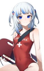 Rule 34 | 1girl, alternate costume, bingsardina, blue eyes, blue hair, covered navel, gawr gura, hair ornament, highres, holding, holding surfboard, hololive, hololive english, lifeguard, multicolored hair, one-piece swimsuit, red one-piece swimsuit, shark hair ornament, shiny skin, simple background, skin tight, smile, solo, streaked hair, surfboard, swimsuit, virtual youtuber, white background