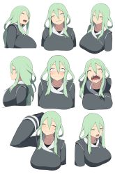 Rule 34 | 1girl, ^ ^, accio, bad id, bad pixiv id, blush, breasts, closed eyes, closed mouth, coat, drooling, multiple expressions, female focus, from side, frown, gloves, gluttony (deadly sins), green eyes, green hair, grin, hair between eyes, high gain torpex, highgain (accho), highres, jitome, large breasts, long hair, matching hair/eyes, multiple views, open mouth, parted lips, pixiv fantasia, pixiv fantasia t, saliva, scratching head, seven deadly sins, sharp teeth, sidelocks, simple background, slit pupils, smile, surprised, sweatdrop, teeth, tongue, uniform, upper body, white background
