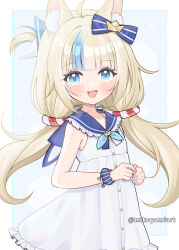 1girl ahoge animal_ear_fluff animal_ears animal_hood blue_bow blue_eyes blue_hair blue_nails blush bow cat_ears cat_hood dress fangs hair_bow highres hood hooded_dress indie_virtual_youtuber iqchan lifebuoy_hair_ornament long_hair looking_at_viewer low_twintails multicolored_hair nail_polish one_side_up sameko_saba skin_fangs sleeveless sleeveless_dress smile solo streaked_hair twintails virtual_youtuber