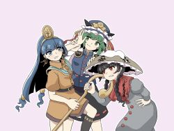 3girls ajirogasa black_hair brown_shirt brown_shorts clenched_teeth dress facial_mark facial_tattoo green_eyes green_hair grey_dress hat highres holding holding_polearm holding_weapon kaisouou_konbu michigami_nareko multiple_girls polearm red_eyes shiki_eiki shirt shorts tattoo teeth touhou triangle triangle_facial_mark weapon yatadera_narumi