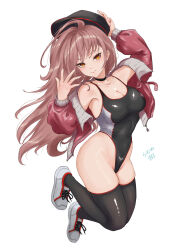1girl absurdres ahoge black_choker black_hat black_one-piece_swimsuit black_thighhighs breasts brown_hair choker cleavage competition_swimsuit covered_navel full_body goddess_of_victory:_nikke hat highleg highleg_one-piece_swimsuit highres jacket large_breasts long_hair looking_at_viewer official_alternate_costume one-piece_swimsuit open_clothes open_jacket ramuneogura rapi_(classic_vacation)_(nikke) rapi_(nikke) shoes simple_background smile sneakers solo swimsuit thighhighs two-tone_swimsuit white_background white_shoes