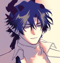 Rule 34 | 1boy, arknights, blue hair, chongyue (arknights), closed mouth, commentary request, dragon boy, dragon horns, earrings, grey eyes, highres, horns, jewelry, korean commentary, long hair, male focus, multicolored hair, nills, pointy ears, portrait, smile, solo, streaked hair