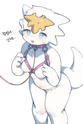 1girl blue_eyes body_fur breasts chest_harness completely_nude dragon_girl dragon_village_(series) dragon_village_collection feet_out_of_frame furry furry_female god_dragon_(dragon_village) harness highres hufy korean_text leash nude simple_background small_breasts solo standing tail translation_request white_background white_fur