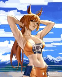 1girl animal_ears armpits arms_behind_head artist_name blue_sky breasts clothes_writing cloud commentary crop_top english_commentary highres horse_ears horse_girl horse_race_tests jovial_merryment long_hair midriff mountain mountainous_horizon navel og-sama orange_eyes orange_hair parted_lips shorts sky solo sports_bra sweat twitter_username twitter_x_logo