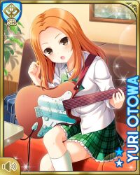 1girl :o blouse bow brown_eyes card character_name day electric_guitar girlfriend_(kari) green_bow green_skirt guitar holding holding_instrument indoors instrument long_hair looking_at_viewer official_art open_mouth orange_hair otowa_yuri plaid_clothes plaid_skirt qp:flapper school_uniform shirt sitting skirt solo straight_hair tagme white_shirt