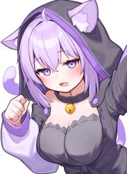 1girl alternate_costume animal_ear_fluff animal_ears black_collar black_jacket blush breasts cat_ears cat_girl cat_tail cleavage collar deaver fang highres hololive hood hood_up hooded_jacket jacket large_breasts long_sleeves looking_at_viewer nekomata_okayu open_mouth puffy_long_sleeves puffy_sleeves purple_eyes purple_hair simple_background solo tail virtual_youtuber white_background