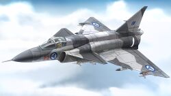 1other absurdres aircraft airplane blue_sky camouflage cloud cloudy_sky commentary commission day english_commentary fighter_jet flight_suit helmet highres military_vehicle okutama_tarou original outdoors oxygen_mask pilot pilot_helmet saab saab_viggen second-party_source skeb_commission sky solo vehicle_focus
